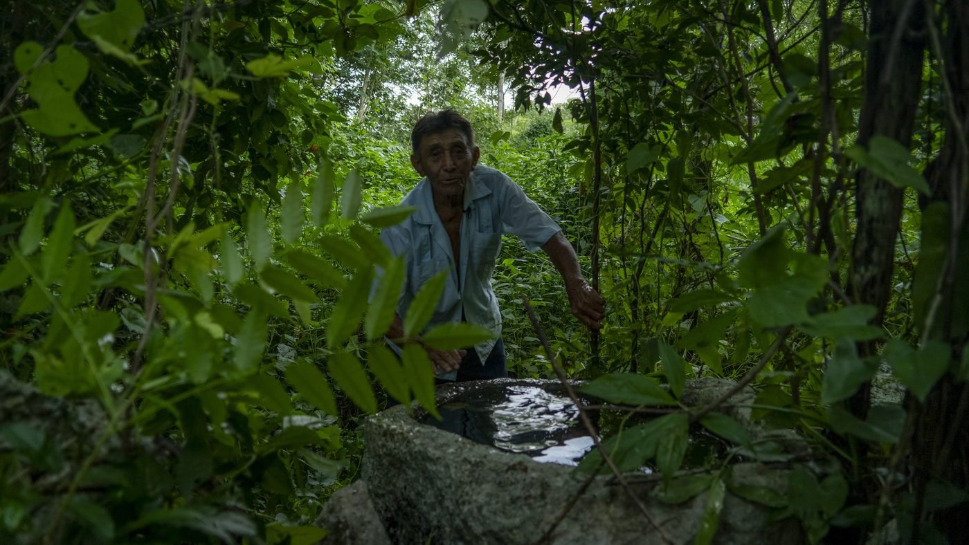 Campesino maya saca agua de un pozo en la milpa